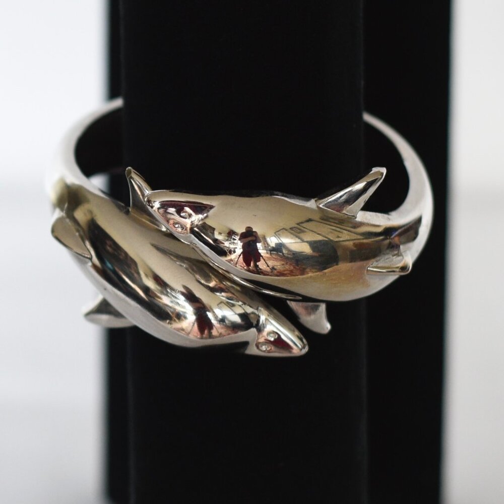 Silver Tone Metal Hinged Double Dolphin Bracelet
